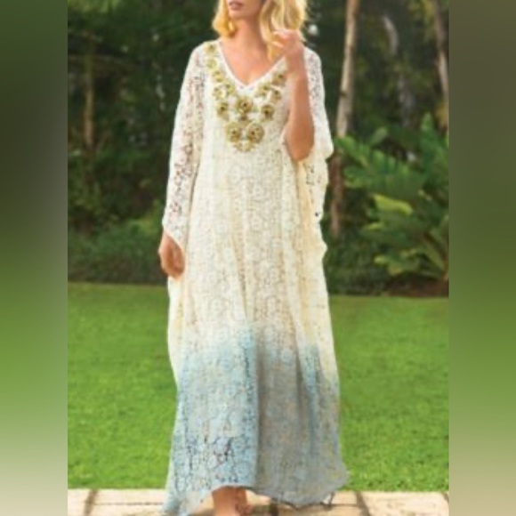 NEW Soft Surroundings Jarana Crochet Beaded Ombré Caftan Maxi Dress L/XL - Picture 1 of 12